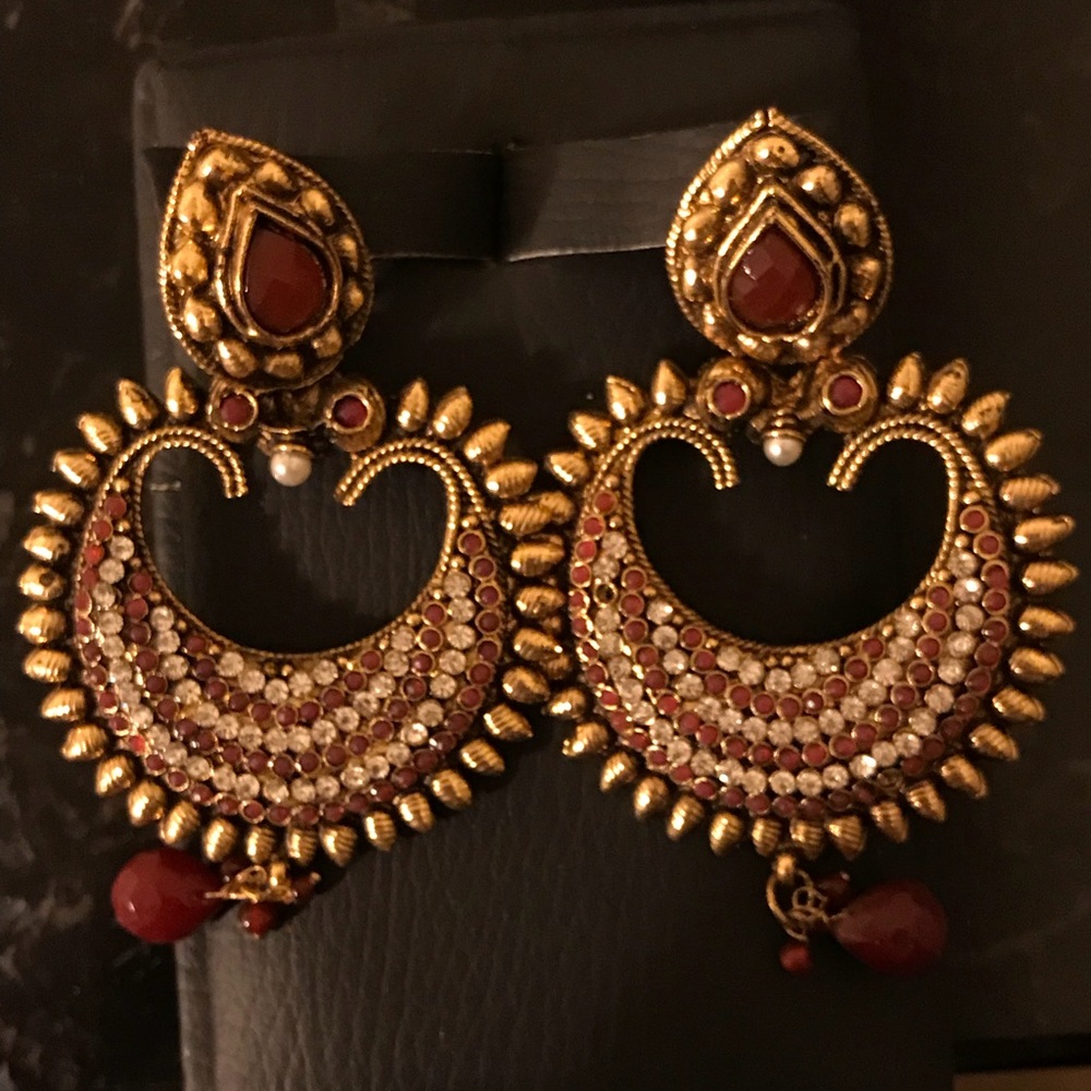 Indian gold earrings red silver stones new